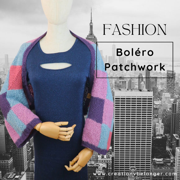 Boléro Patchwork, tricoté à la main en laine mérinos et alpaga