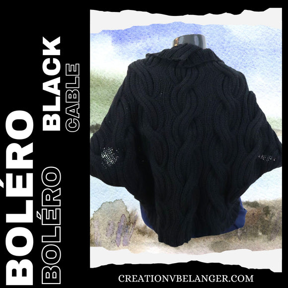 Boléro Black Cable, tricoté à la main en laine d'alpaga et mérinos