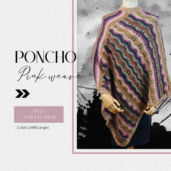 poncho Pink weave tricoté à la main en laine 