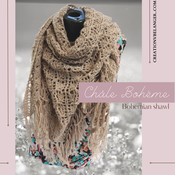 Bohemian shawl, hand knitted in merino wool