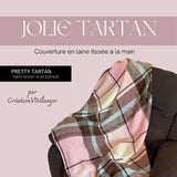 couverture en laine tissé à la main Jolie tartant au couleur de rose, beige, brun, noir et turquoise