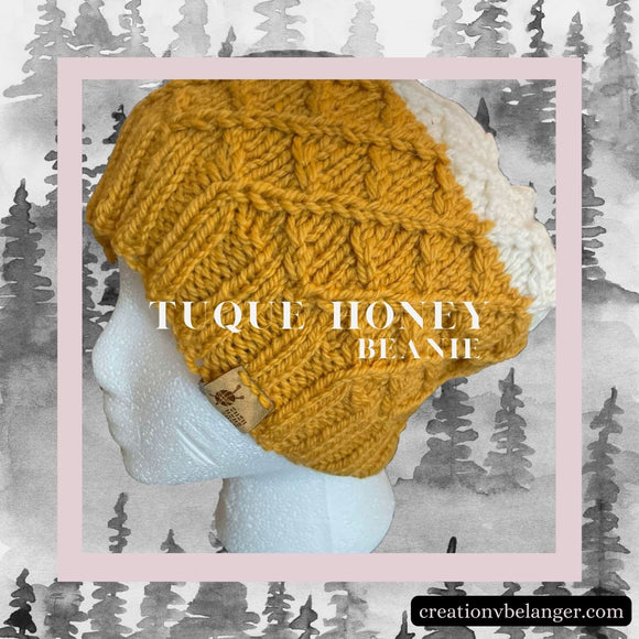 Tuque tricoté à la main Honey jaune et blanc